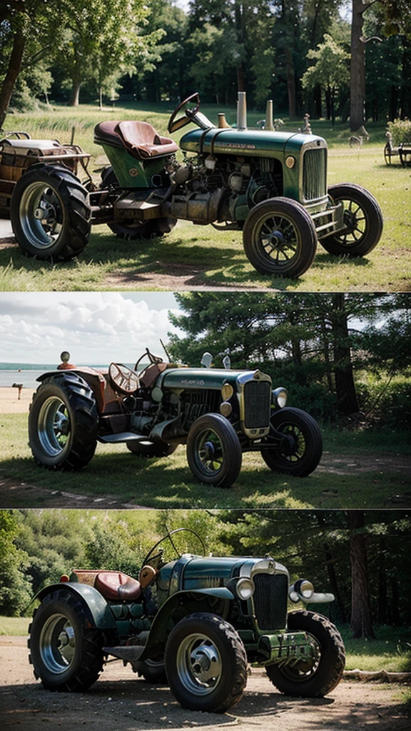 Vintage car meeting tractor and motorcycle at the bathing lake