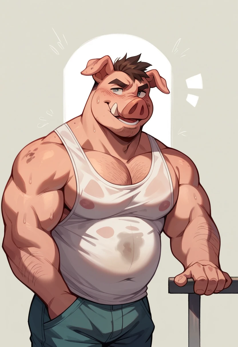 Fat, gassy, visibly stupid anthro pig who’s a southern trucker wearing a stained, white tank top letting out a huge, disgusting belch in a thin anthro pig’s face high resolution best quality. Make this character look like he’s very unintelligent