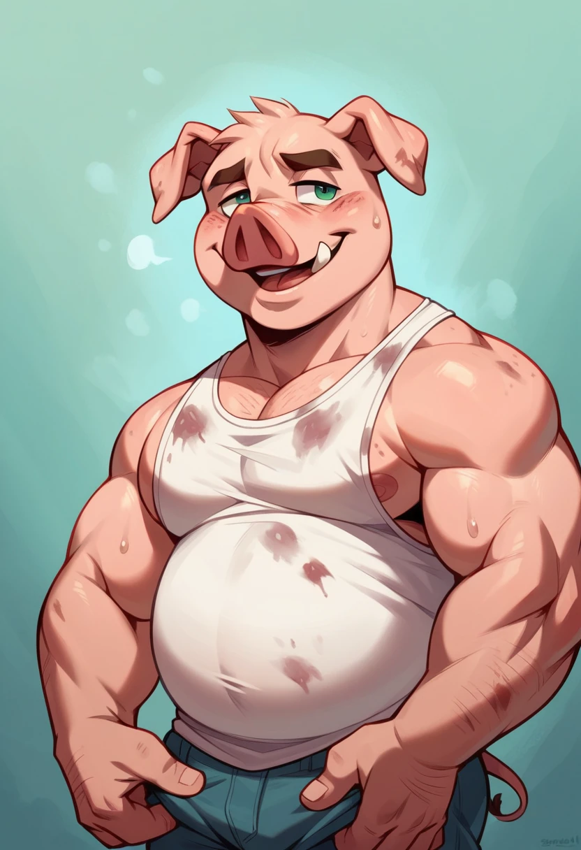 Fat, gassy, visibly stupid anthro pig who’s a southern trucker wearing a stained, white tank top letting out a huge, disgusting belch in a thin anthro pig’s face high resolution best quality. Make this character look like he’s very unintelligent