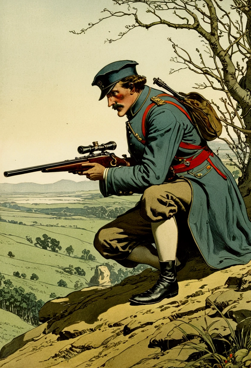 aiming Sniper, by Howard Pyle, full body, cinematic still, (best quality, masterpiece), very aesthetic, perfect composition, intricate details, ultra-detailed, vivid colors