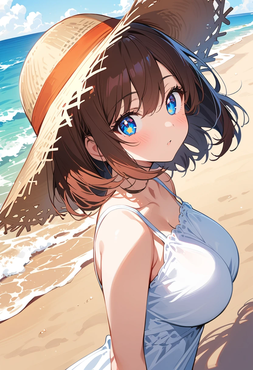 (Highest quality), (Very detailed), (Best illustrations), (Detailed eyes), (One girl), Upper Body, View the viewer, Straw hat, (Sundress:1.2), (Very large breasts:1.2), Curved body, blush, Brown Hair, (Bobcut), Curly Hair, Hair between the eyes, Sparkling(In the eyes), blue eyes, (Beach:1.3), Wind