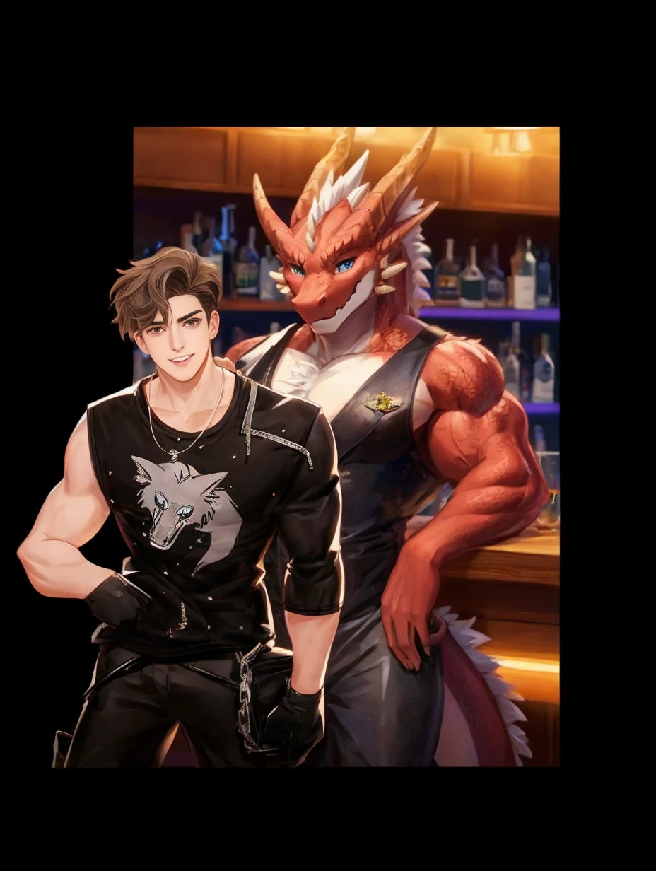 Masterpiece, Anthropomorphic red dragon, There are a pair of beautiful dragon horns gradient from blue to white., blue eyes, red dragon scales, 1 cola, very muscular body, handsome, Black fashionable leather clothing, smiling, who is in a bar hugging a muscular human boy, with black top, hugs the boy with his dragon arms, surrounding him with his arms,smiling. full body.