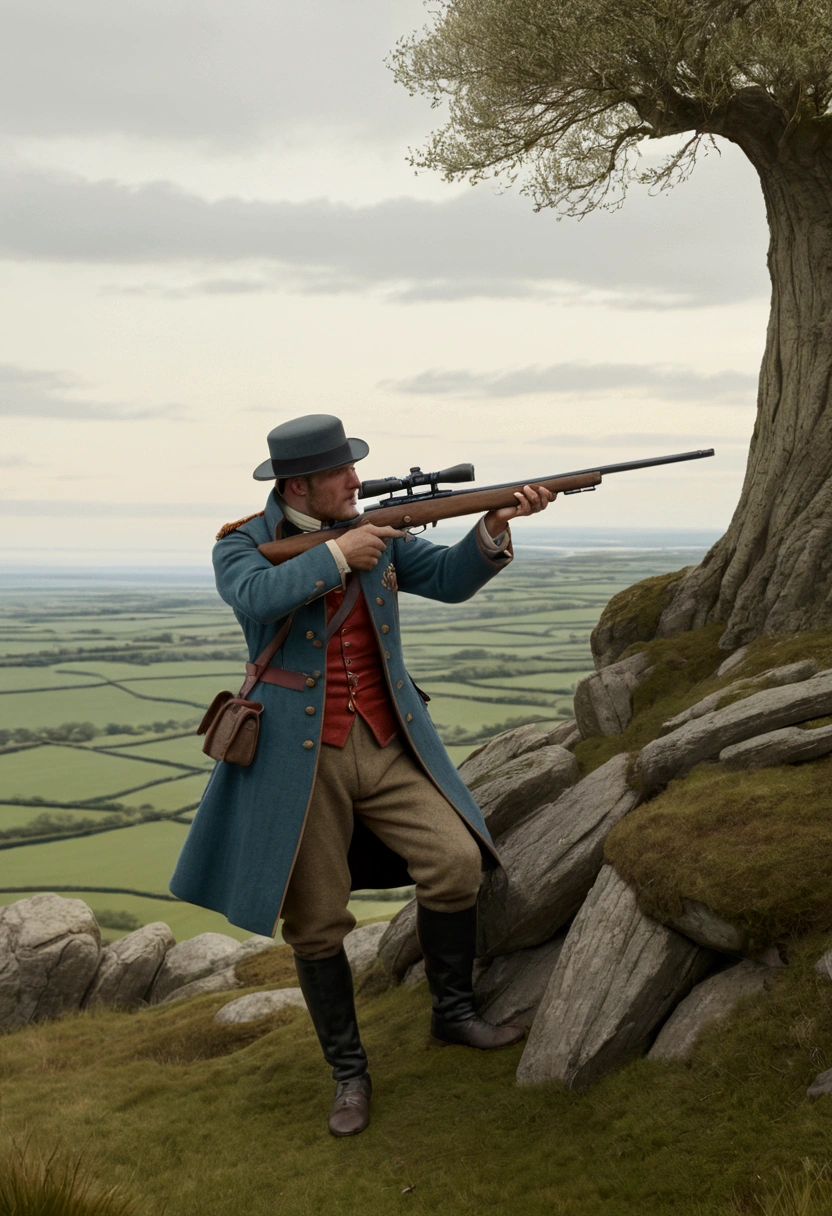 aiming Sniper, by randolph caldecott, full body, cinematic still, (best quality, masterpiece), very aesthetic, perfect composition, intricate details, ultra-detailed, vivid colors