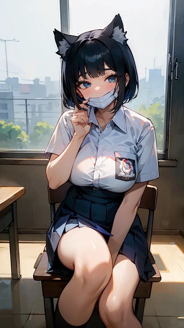 Best image quality, Japanese Classroom, Crowd, A lot of strangers, White underwear, Show your ass, Wear a mask, Embarrassed face, solo, woman, Black Hair, Bob Hair