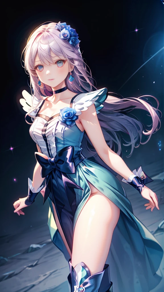 (Highly detailed CG), (Highest quality),((full body))，1 Girl,alone, leotard，Purple Hair，black choker, earrings, blue flower, magical girl, waist bow, cure moonlight dress, jewelry, flower, wrist cuffs, single elbow glove, boots, eyelashes,Perfect Face,  Shiny skin, Wide Hips,Tight waist,Knee-high boots，Elbow Bag,1 Girl, Long Hair, (((Cowboy Shot,Dynamic Angle)))