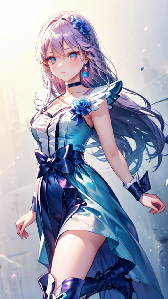 (Highly detailed CG), (Highest quality),((full body))，1 Girl,alone, leotard，Purple Hair，black choker, earrings, blue flower, magical girl, waist bow, cure moonlight dress, jewelry, flower, wrist cuffs, single elbow glove, boots, eyelashes,Perfect Face,  Shiny skin, Wide Hips,Tight waist,Knee-high boots，Elbow Bag,1 Girl, Long Hair, (((Cowboy Shot,Dynamic Angle)))