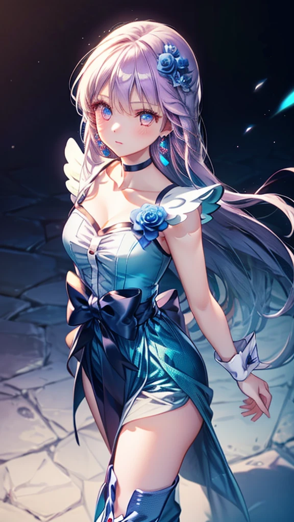 (Highly detailed CG), (Highest quality),((full body))，1 Girl,alone, leotard，Purple Hair，black choker, earrings, blue flower, magical girl, waist bow, cure moonlight dress, jewelry, flower, wrist cuffs, single elbow glove, boots, eyelashes,Perfect Face,  Shiny skin, Wide Hips,Tight waist,Knee-high boots，Elbow Bag,1 Girl, Long Hair, (((Cowboy Shot,Dynamic Angle)))