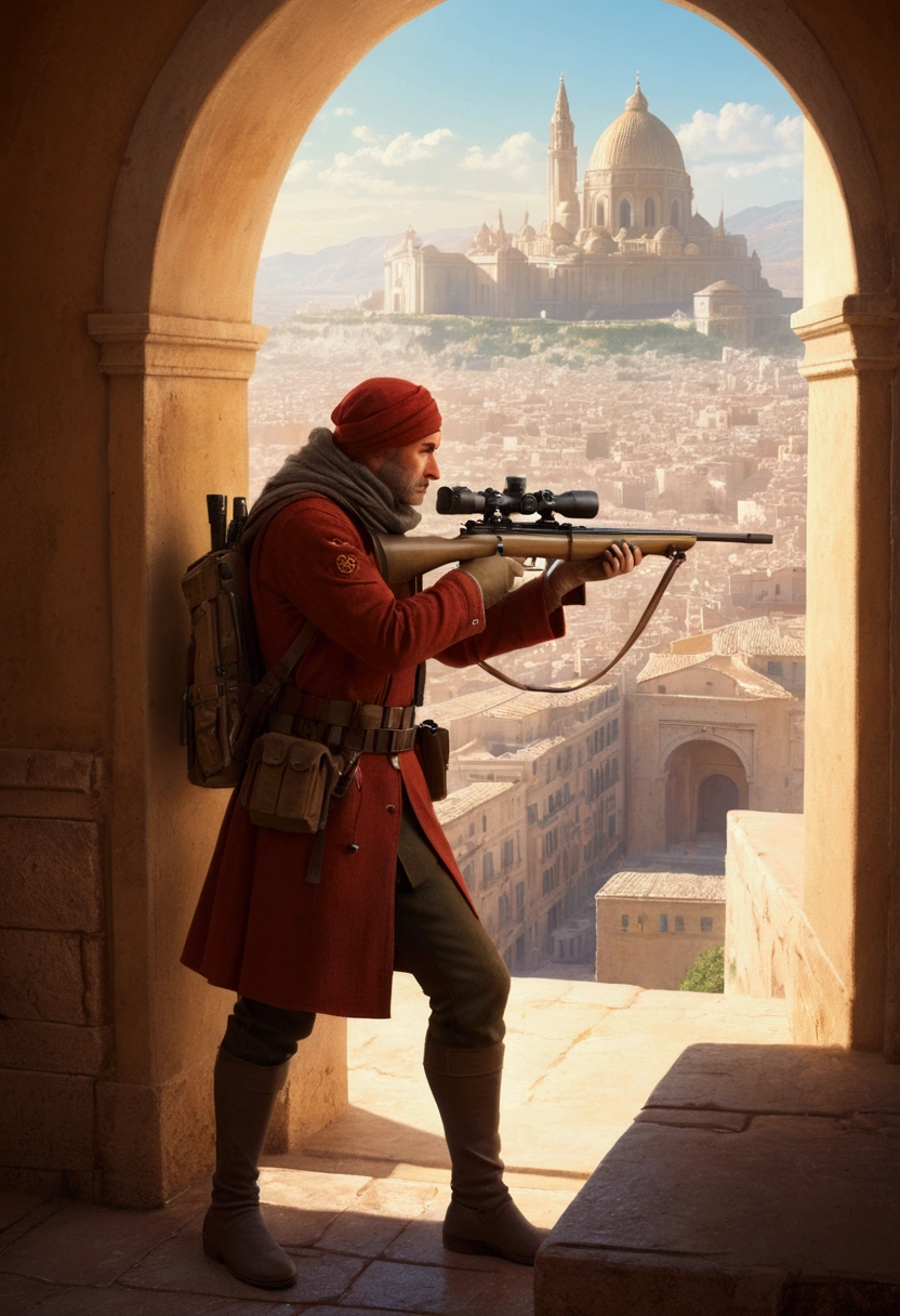 aiming Sniper, by Howard Pyle, full body, cinematic still, (best quality, masterpiece), very aesthetic, perfect composition, intricate details, ultra-detailed, vivid colors