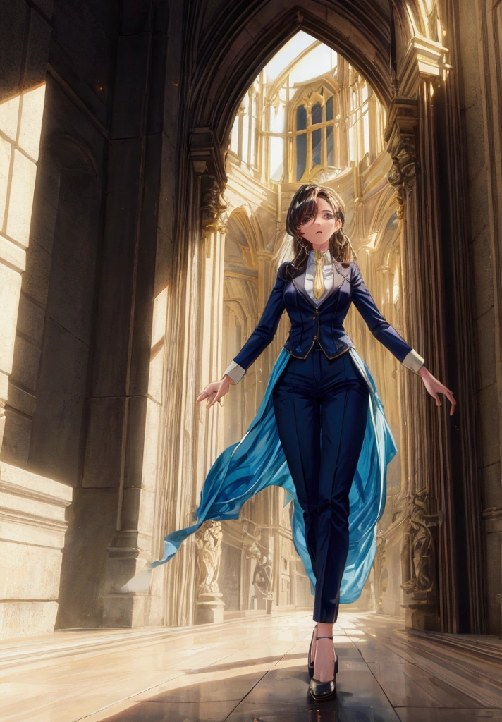 Draw a woman standing on a shining spring inside a building.