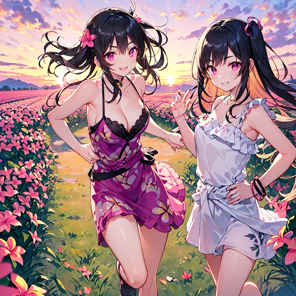 masterpiece, best quality, high quality, extremely detailed, very delicate and beautiful, (1 female 18 years old solo:1.5), (long black hair up to waist with two side up:1.5), bangs to eyebrows, eyes (eyes sharp, strong, glossy, glossy eyebrows, (eye color magenta:1.3), 6.5 head height, (plumeria flower print summer fashion:1.3), knee socks, lace, ruffles, (smiling), (running:1.3), (smiling), (dynamic pose), (background plumeria flower field:1.3), (sunset:1.3)