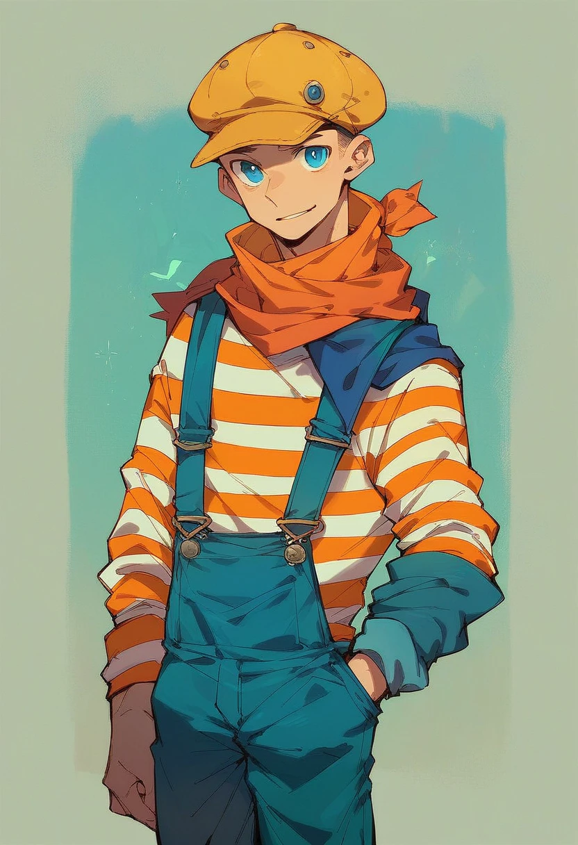Male Adult , Orange hairStyle ,Train pilot Clothing ,Striped shirt , pilot hat ,pants overalls ,scarf ,solo ,BLUE pupils