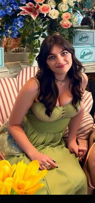 there is a woman sitting on a couch with flowers in the background, pretty female phoebe tonkin, lucy hale, she wears a dark green dress, phoebe tonkin, by Emma Andijewska, christina kritkou, kaitlyn michelle siragusa, joey king, green dress, profile photo, very very low quality picture, justina blakeney, Big tits, huge , no clothes, sexy, cute, wide hips, thick thighs, pear-shaped body, minimal clothes, thick, bbw, chubby stomach, thick nipples, nipple piercings, large areola, hard nipples, piercing through shirt, nipples hard through shirt, busty, major cleavage, naked, ripping through top, spilling over sides, bra too tight, giant , dominatrix, dominatrix clothes, revealing clothes, ass so fat you can see it from the front, giant tits, huge ass, wide girl, naked