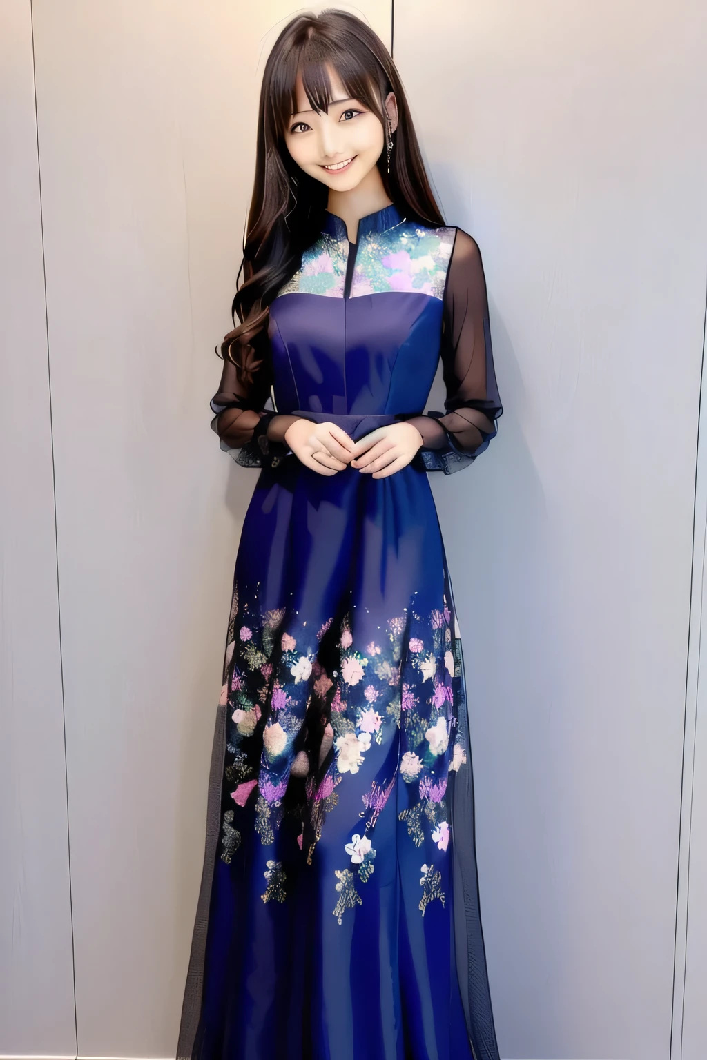 there is a woman standing in a room with a dress on, idian dress, Portrait full body, !!Full body portrait!!, full covered dress, by Ayako Rokkaku, Full body photo, Full body photo映えするショット, Formal wear, Wearing a long floral dress, Long straight black hair, Wearing a lovely pastel dress, full length portate, Straight long hair, Written by Ayami Kojima, Face that faithfully reproduces the face of LoRA, High resolution, Very detailed, Natural Bangs, highest quality