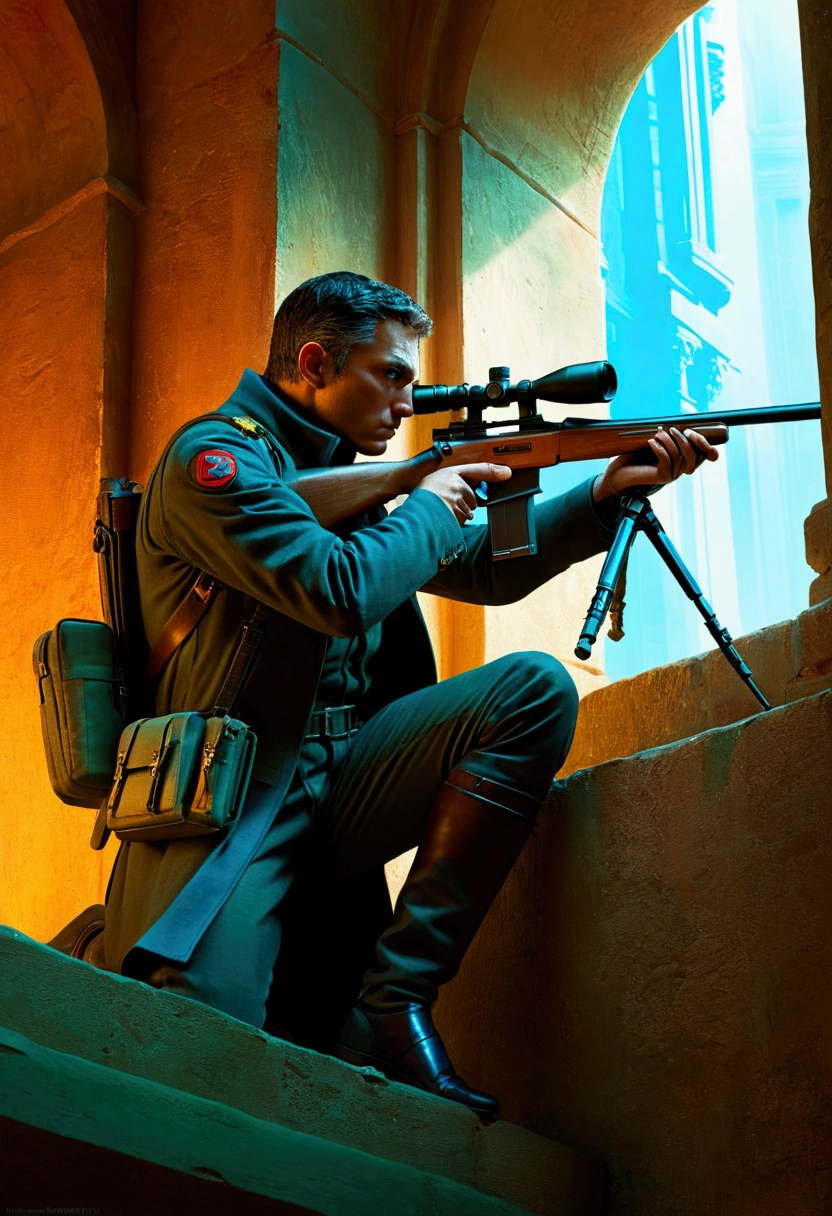 aiming Sniper, by Marc Simonetti, full body, cinematic still, (best quality, masterpiece), very aesthetic, perfect composition, intricate details, ultra-detailed, vivid colors