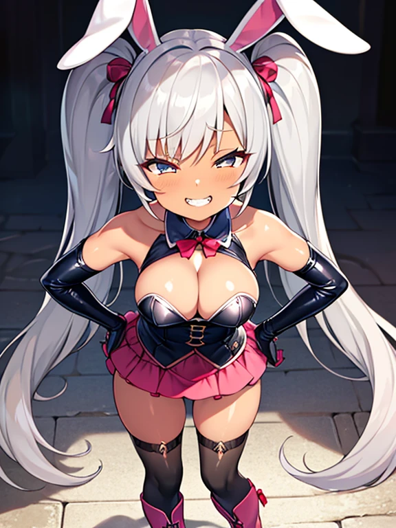 (Front Focus),(In the Dark:1.6), (masterpiece, Highest品質, Highest, Official Art, beautifully、aesthetic:1.2), Game CG, Extremely detailed and realistic CG, colorful, masterpiece, Highest品質, Jewel-like eyes, One girl, alone, (Gray Hair:1.5), Shiny Hair, Very long straight hair, Twin tails, thin, thin脚, Magical girl, prity dress, dress, black magical dress, Layered mini skirt, Panty shot, Black trousers, Magic Boots, Absolute area, Iris, Hollow Eyes, bursting breasts, (Very large breasts:1.8),Saggy breasts, Cleavage, black elbow gloves, latex, Grin, smile, Jig eyes, Close, Half-closed eyes, tsurime, From a viewpoint, Highest quality eyes, Sharp teeth, Tsundere, Leaning forward, Hands on hips, teasing, Conceit, Open your mouth, tooth, Sticking out tongue, (Sharp focus:1.2), Big ribbon, cute headdress, Luxury Boots, Dark Skin, Bunny ears,