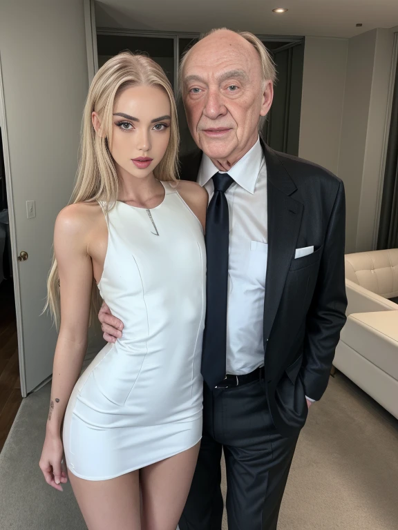 8k, Hyperrealistic body shot of pale blonde skinned woman being hugged from behind by a 90 year ugly old man wearing in a suit, girl hot sexy mini dress, sexy hot girl, Alisha Lehmann face, fitness hot girl, 1