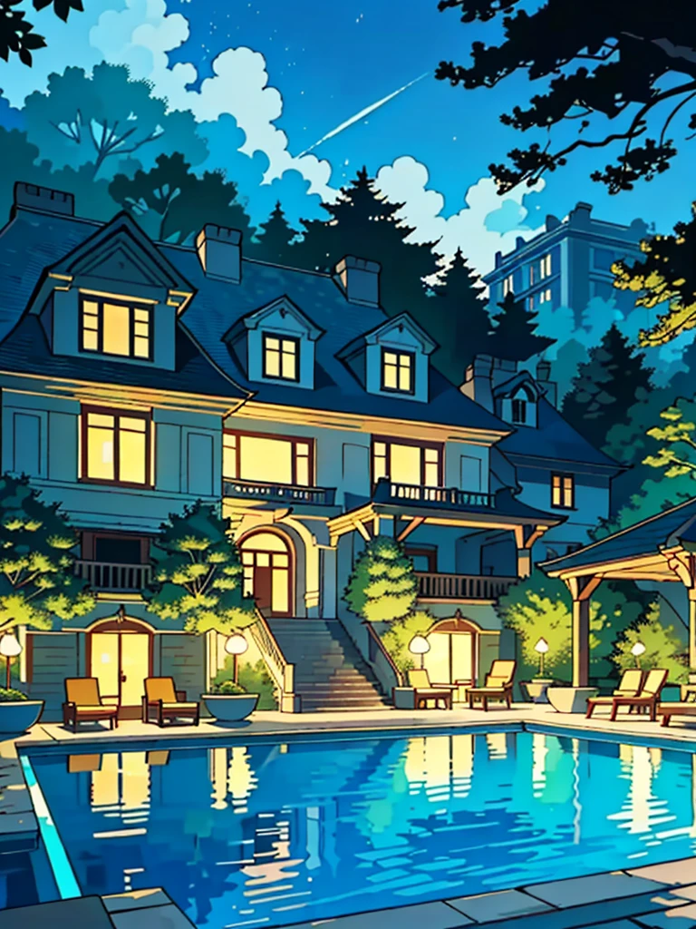 In the stillness of the suburban mansion, the tranquil pool scene unfolds with intricate details in a captivating comics style. The mansion, adorned with vintage influences, stands proudly against a backdrop of lush greenery, its imposing facade reflecting off the shimmering water. The pool itself is a sparkling oasis, its crystal-clear waters inviting yet devoid of life. The deckchairs nearby remain untouched, their plush fabrics untainted by the warmth of human presence.
The mansion's windows, with their soft lines and comic book detailing, hint at the quiet life within, while the pool area is alive