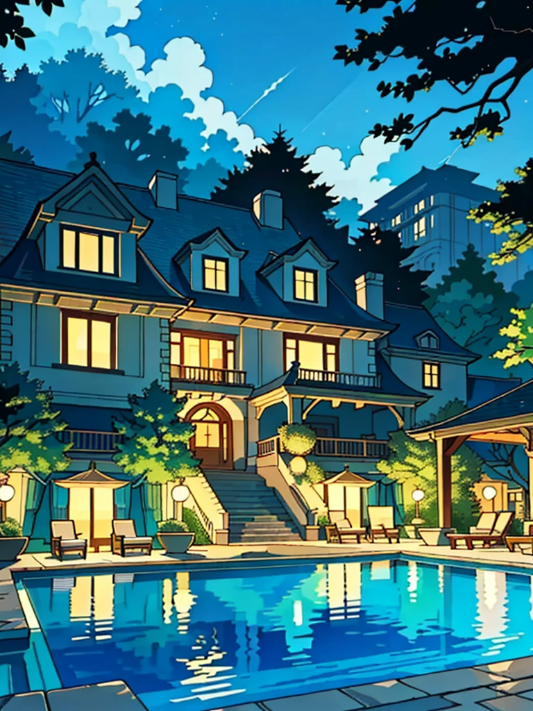 In the stillness of the suburban mansion, the tranquil pool scene unfolds with intricate details in a captivating comics style. The mansion, adorned with vintage influences, stands proudly against a backdrop of lush greenery, its imposing facade reflecting off the shimmering water. The pool itself is a sparkling oasis, its crystal-clear waters inviting yet devoid of life. The deckchairs nearby remain untouched, their plush fabrics untainted by the warmth of human presence.
The mansion's windows, with their soft lines and comic book detailing, hint at the quiet life within, while the pool area is alive