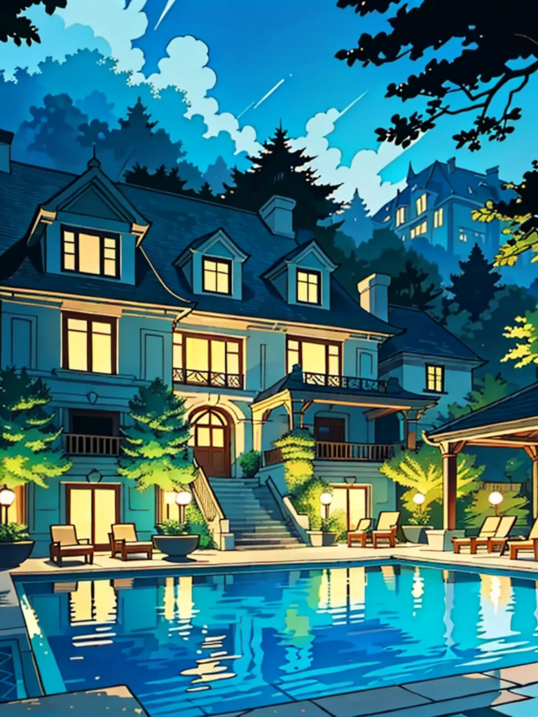 In the stillness of the suburban mansion, the tranquil pool scene unfolds with intricate details in a captivating comics style. The mansion, adorned with vintage influences, stands proudly against a backdrop of lush greenery, its imposing facade reflecting off the shimmering water. The pool itself is a sparkling oasis, its crystal-clear waters inviting yet devoid of life. The deckchairs nearby remain untouched, their plush fabrics untainted by the warmth of human presence.
The mansion's windows, with their soft lines and comic book detailing, hint at the quiet life within, while the pool area is alive