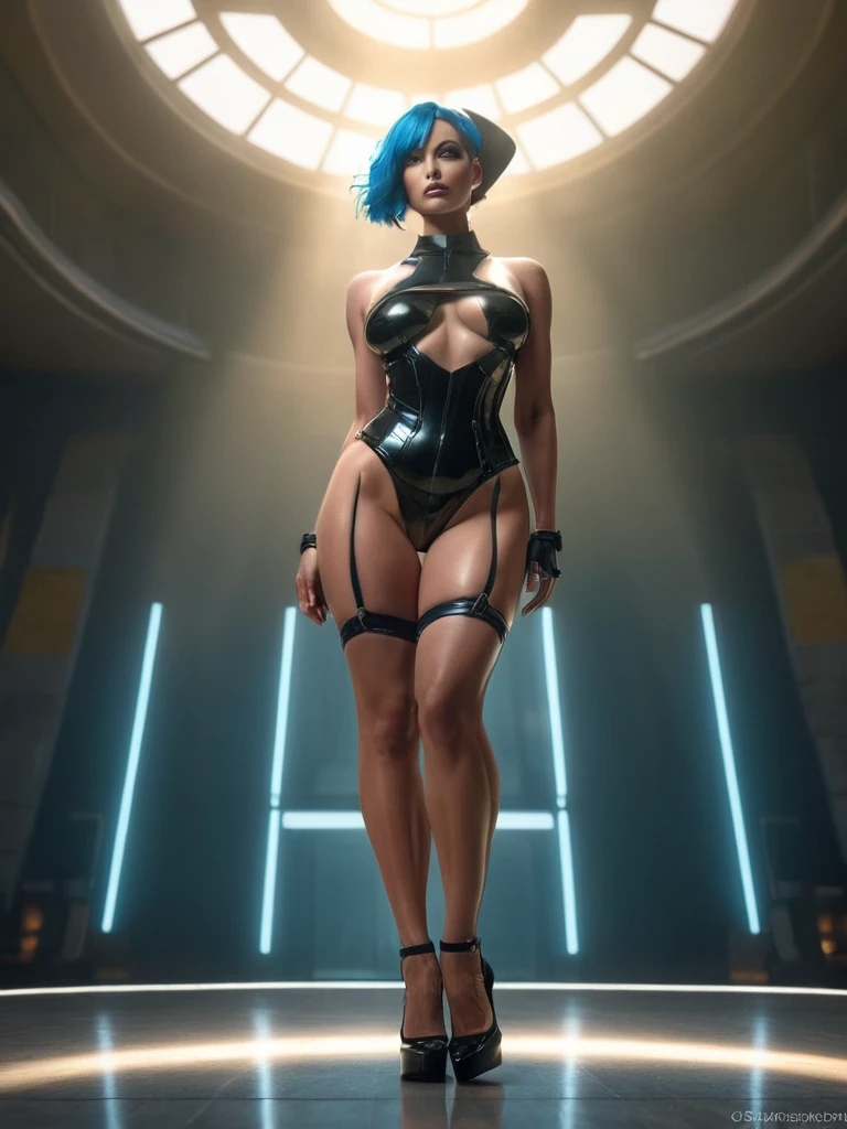 ((high resolution)), athletic, defined muscles, ((pale skin)), freckled, Millie Bobby Brown, ((large breasts)), naked, sexy armor, cyberpunk, neon cityscape