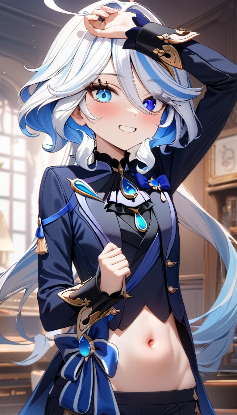 Young girl, white hair, blue eyes, furina from Genshin Impact, open belly, smile, Masterpiece, best quality, Full HD, 8k, ultra details, great graphic