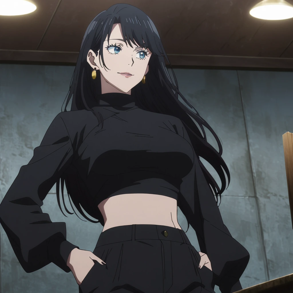 1girl, female gojo satoru, anime screencap from jujutsu kaisen, gojo satoru female version, solo, long_hair, ((wearing round sunglasses)) ((Black_hair, swept bangs)), night view, (hanging breasts) upper_body, smile, indoors, book, lips, (long hair) ((wearing black colour crop top with full sleeves and black colour pant)) breast, "very detailed and high resolution" ((solo)) (((front view))) (earings) ((high resolution)) ((good quality)) ((silky hair))