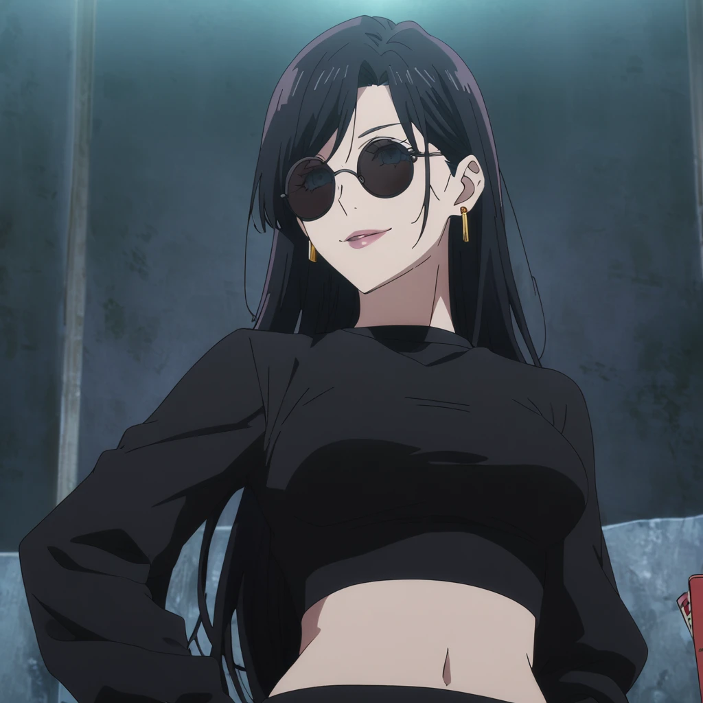 1girl, female gojo satoru, anime screencap from jujutsu kaisen, gojo satoru female version, solo, long_hair, ((wearing round sunglasses)) ((Black_hair, swept bangs)), night view, (hanging breasts) upper_body, smile, indoors, book, lips, (long hair) ((wearing black colour crop top with full sleeves and black colour pant)) breast, "very detailed and high resolution" ((solo)) (((front view))) (earings) ((high resolution)) ((good quality)) ((silky hair))