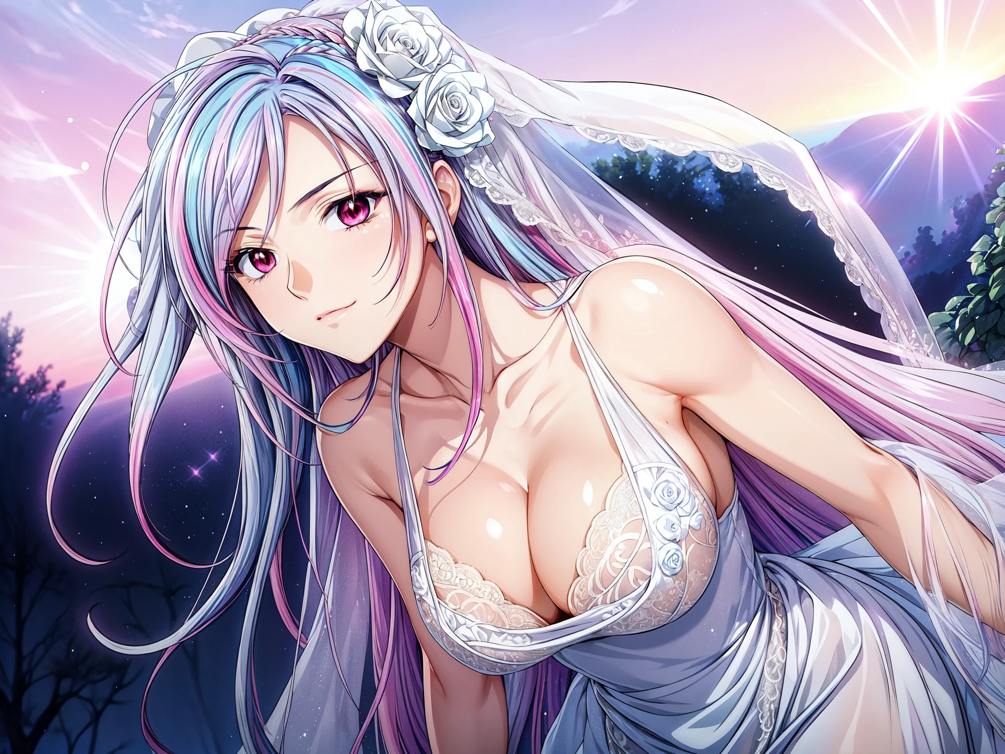 (masterpiece, best quality, beautiful and aesthetic:1.3), look back, side view, 1girl, solo, light smile,  (Silver blue hair streaked pink purple:1.4), (Gradient sky blue hair ends:1.6), hair strand, absurdly long hair, single sidelock, wavy hair, shiny hair, floating hair, (deep red eyes), delicate eyes, aqua eyes, super high detailed eyes, long upper eyelashes, makeup, Focus on face, Very detailed facial, Perfect breasts, hot body, (Delicate skin texture:1.2), bridal veil, lace-trimmed dress, see-through, wedding dress, outdoors, white roses, garden, morning, standing, extreme detailed, 