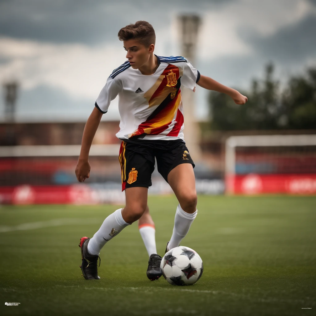 Image of a skinny 15-year-old player with a white soccer shirt and black soccer shorts, that in the center say 29 and in the upper right corner say feconifus and in the upper left corner the logo of the Public School of Spain,
