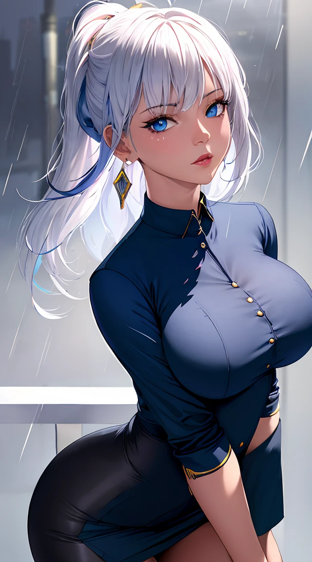 (best quality:1.5, highres, UHD, 4K, detailed lighting, shaders), white and blue haired, gradient hair, large breasts, suit, gray shirt, social shirt, short skirt, mature woman , (pov), white background, colorful eyeshadow, dramatic lighting, sparkling eyes, sensual expression, golden earrings, flowing hair, delicate facial features, dark skin, high cheekbones, raining, urban setting, white background, dont look for the camera, lean forward, wet  by the rain.