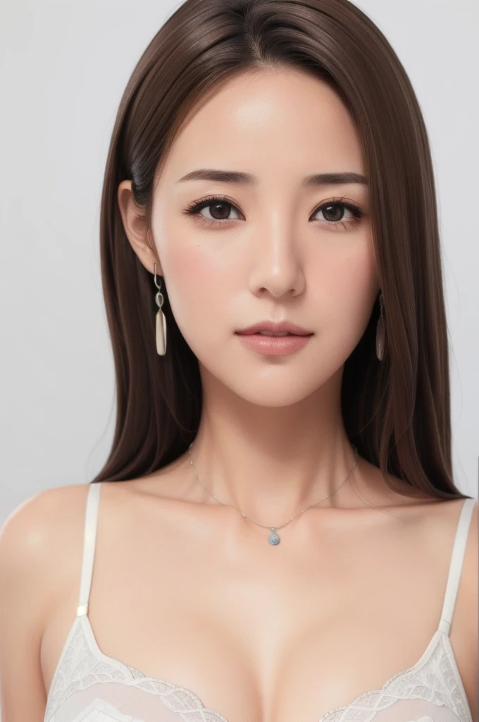 Simple white background, clavicle,Earrings, jewelry,necklace, bangs, brown eye, Brown Hair, 1 girl, 20 years,young woman,fair Finger,fair long legs,fair body,fair Nose,fair character design, perfect eye, perfect face,expressive eye,Perfect balance, Looking at the audience,(Focus on her face),shut up, (Innocent_Big Target_eye:1.0),(Light_笑face:0.3), Official Art,Very detailed CG ユニティ 8k 壁紙, Perfect lighting,rich and colorful, bright_front_face_Lighting,White skin, (masterpiece:1.0),(the best_quality:1.0), Ultra-High resolution,4K,Very detailed, photograph, 8k, High resolution, High resolution, Absurd:1.2, Kodak Portrait 400, Film Grain, Blurred Background, Bokeh:1.2, 鏡頭Light暈, (Energetic_color:1.2),专业photograph师,White underwear,White lace, Big Bra, White underwear, White Lingerie, whole body (fair,Big Target_Large Breasts:1.3), (fair_face:1.5),(narrow_Waist),