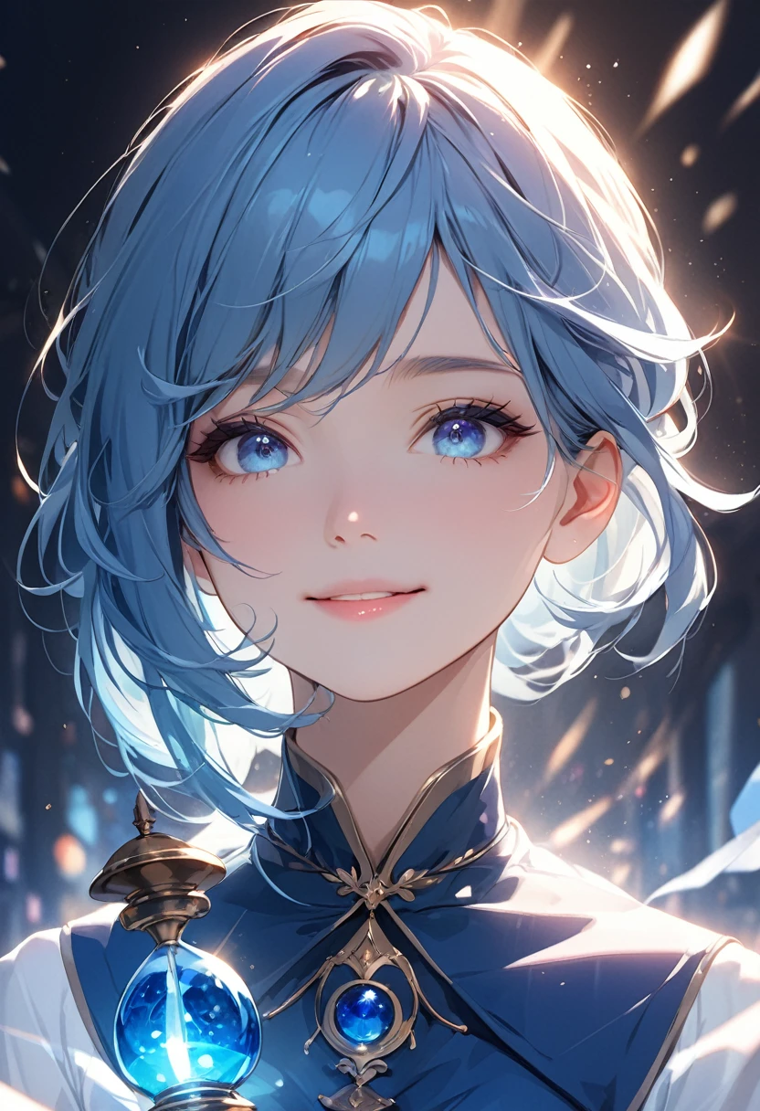 (masterpiece:1.5),(Beat quality),(high res),1girl solo,beautiful face,smile(shining eyes),upper body,light effects,Blue hair and blue clothes woman,Blue Hourglass