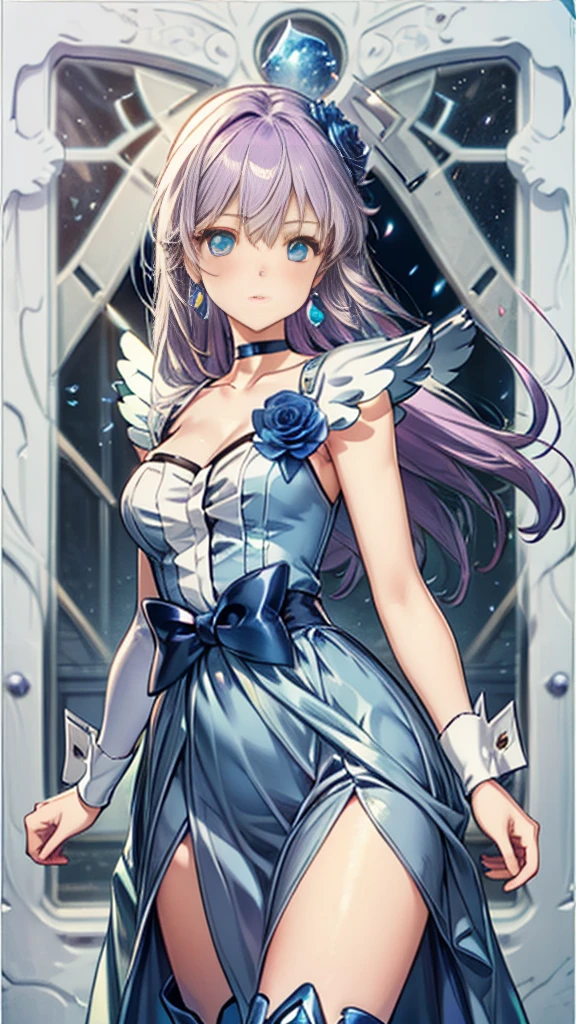 (Highly detailed CG), (Highest quality),((full body))，1 Girl,alone, leotard，Purple Hair，black choker, earrings, blue flower, magical girl, waist bow, cure moonlight dress, jewelry, flower, wrist cuffs, single elbow glove, boots, eyelashes,Perfect Face,  Shiny skin, Wide Hips,Tight waist,Knee-high boots，Elbow Bag,1 Girl, Long Hair, (((Cowboy Shot,Dynamic Angle)))