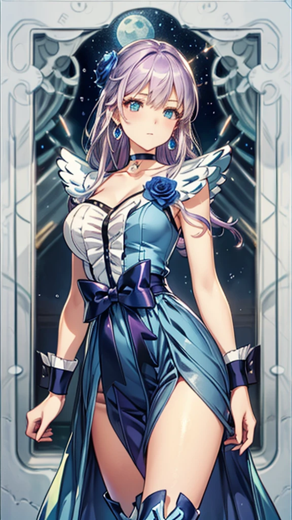 (Highly detailed CG), (Highest quality),((full body))，1 Girl,alone, leotard，Purple Hair，black choker, earrings, blue flower, magical girl, waist bow, cure moonlight dress, jewelry, flower, wrist cuffs, single elbow glove, boots, eyelashes,Perfect Face,  Shiny skin, Wide Hips,Tight waist,Knee-high boots，Elbow Bag,1 Girl, Long Hair, (((Cowboy Shot,Dynamic Angle)))