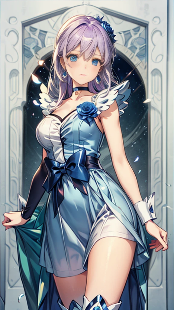 (Highly detailed CG), (Highest quality),((full body))，1 Girl,alone, leotard，Purple Hair，black choker, earrings, blue flower, magical girl, waist bow, cure moonlight dress, jewelry, flower, wrist cuffs, single elbow glove, boots, eyelashes,Perfect Face,  Shiny skin, Wide Hips,Tight waist,Knee-high boots，Elbow Bag,1 Girl, Long Hair, (((Cowboy Shot,Dynamic Angle)))