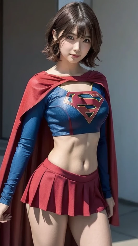 Beautiful woman short hair defined body big breasts, big thighs wearing a Supergirl cosplay