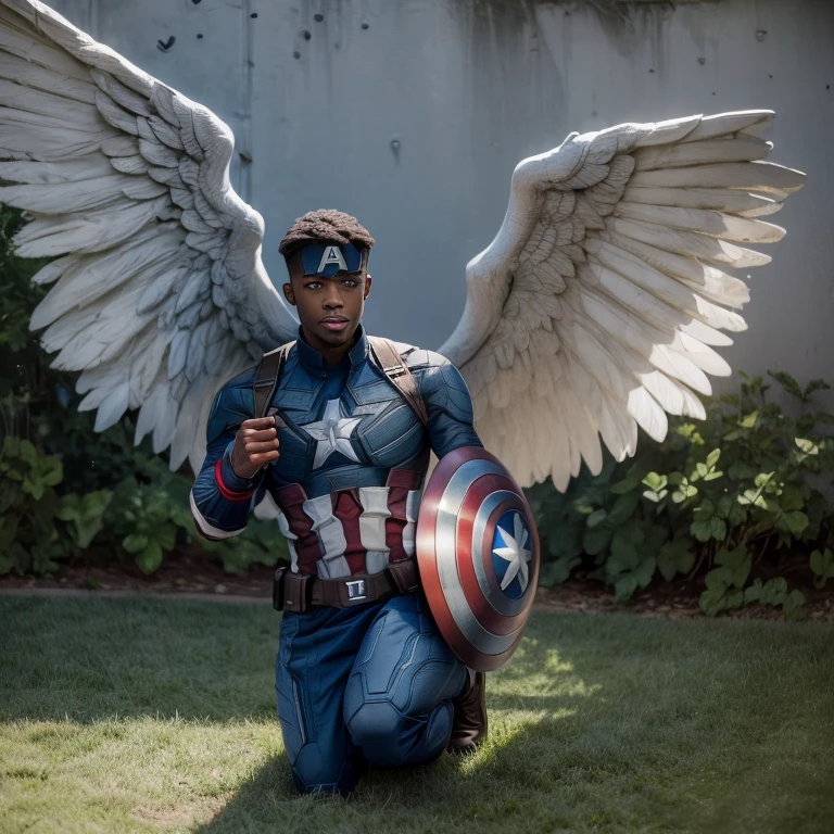 ((Sam wilson,  the  new captain america. Sam Wilson )), kneeling, (( wings open )), white background
