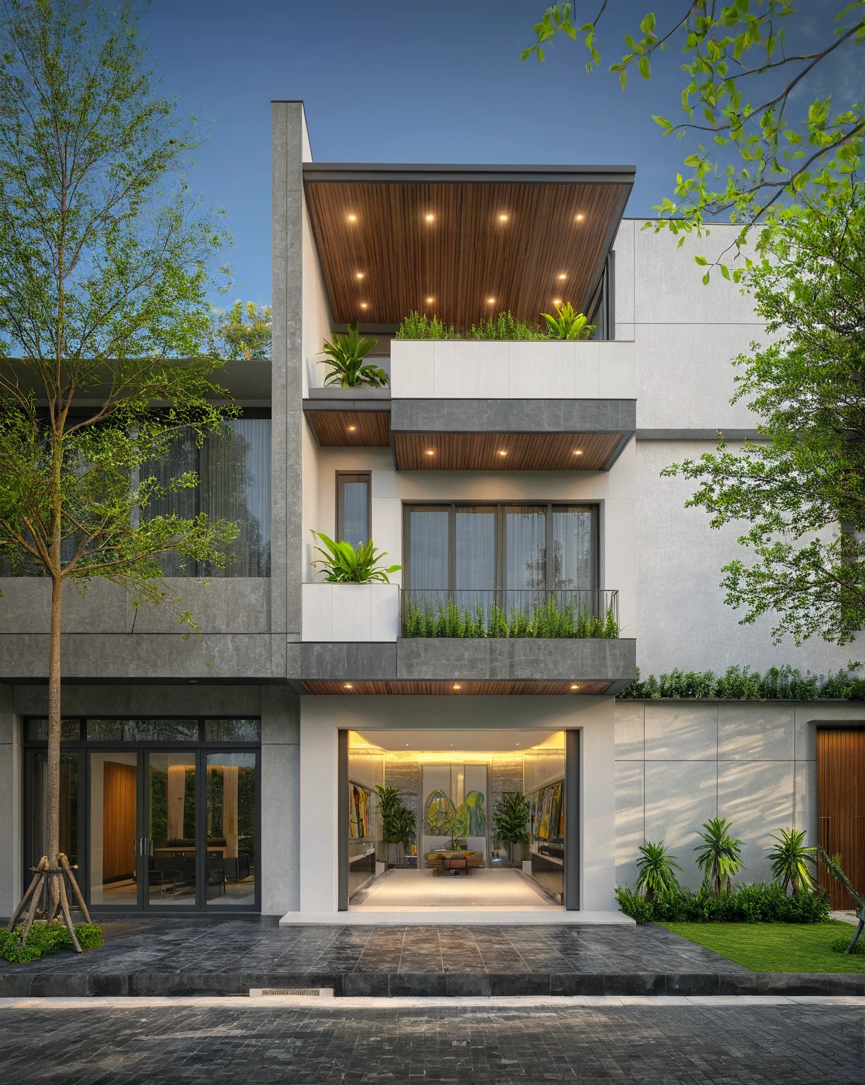 modern villa on street, (overcast lighting:1.2), tropical tree, vivid color, streetcapes, nice sky, grey and wwhite tone, (large glass door:1.2), warm interior lighting, modern material, best quality, ultra realistic, masterpiece, 17ArchiAI_XL_VL-v1
