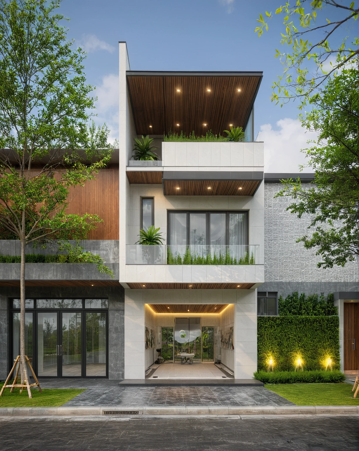 modern villa on street, (overcast lighting:1.2), tropical tree, vivid color, streetcapes, nice sky, grey and wwhite tone, (large glass door:1.2), warm interior lighting, modern material, best quality, ultra realistic, masterpiece, 17ArchiAI_XL_VL-v1