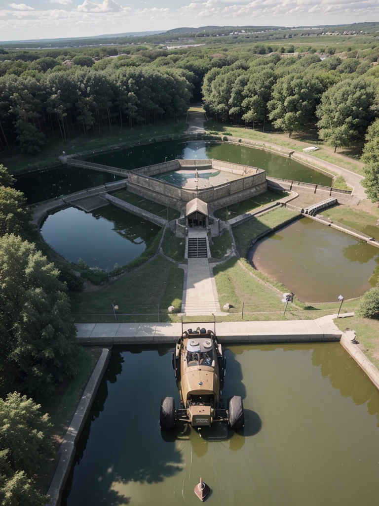 Vintage car meeting tractor and motorcycle at the bathing lake, Drone View
