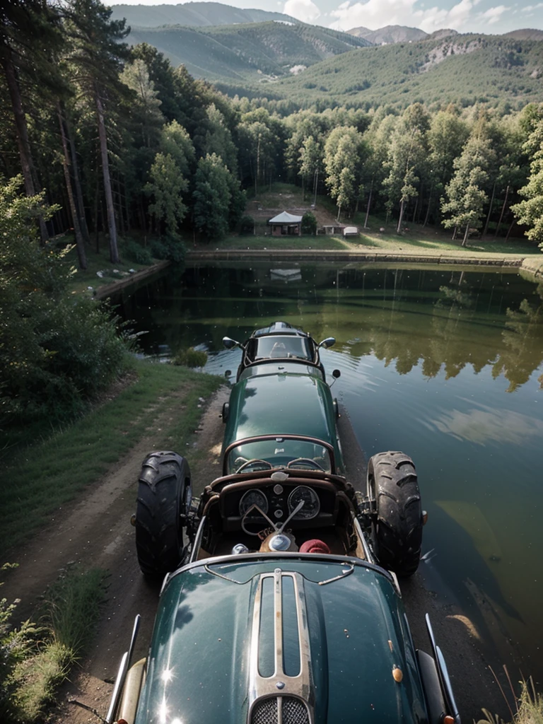 Vintage car meeting tractor and motorcycle at the bathing lake, Drone View 