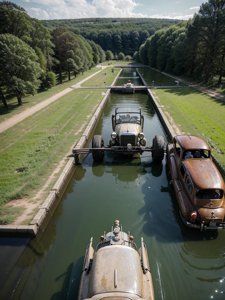 Vintage car meeting tractor and motorcycle at the bathing lake, Drone View