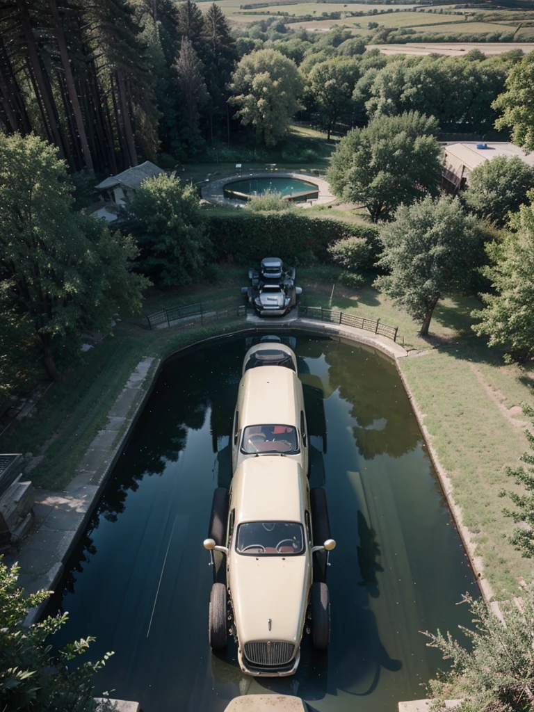 Vintage car meeting tractor and motorcycle at the bathing lake, Drone View