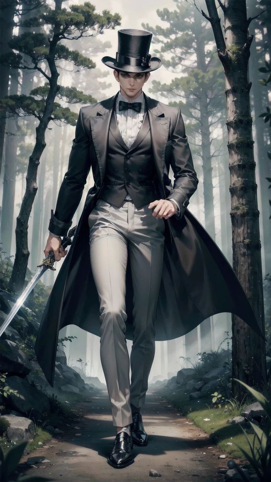Masterpiece, Superior image quality, high resolution, 4k image, man ,short black hair ,White skin, black eyes, very detailed eyes, tall height, muscled body, wielding a sword with the right hand, gray top hat, long gray trench coat, brown pants walking on a wooded trail, dark forest, at night, fog atmosphere