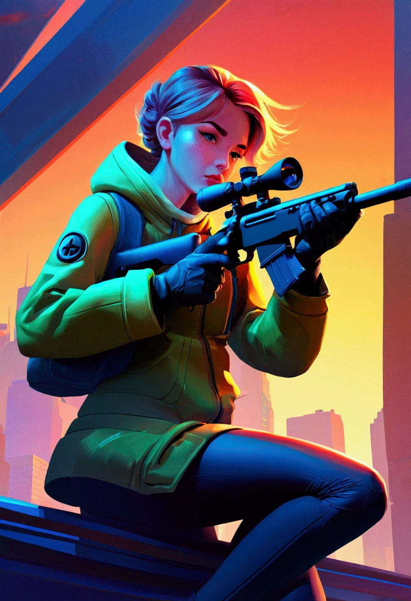 aiming Sniper, by lois van baarle, full body, cinematic still, (best quality, masterpiece), very aesthetic, perfect composition, intricate details, ultra-detailed, vivid colors