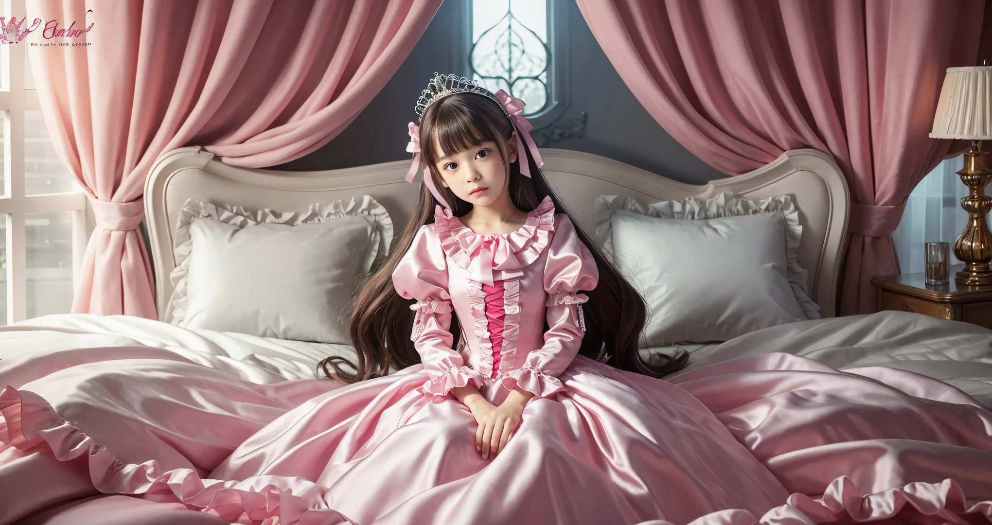 ,highest quality, masterpiece, highest resolution, artwork, super それにget used to it, many get used to it, get used to it, それにget used to it, 3K realistic photos,,(( girls)),Super detailed baby face,both arees,detailed luxury tiara,Full length ball gown dress with hoop skirt,ruffled yoke collar,Detailed braided ribbon on chest,puff sleeves,long sleeve,((lolita style hot pink princess satin dress、Comes with lots of frills and ribbons。)),crazy'colorful fashion,shiny silk satin dress,soft and smooth silk satin fabric,luxury,Very long blonde hair,blue eyes,white skin european,pajamas,((inside the palace)),Princess dancing happily,gorgeous flowing dress,fine white frills and lace,Super long hair that is as tall as your body,white long socks,drawers with lots of frills,castle bedroom at night,Super long flowing hair,on the bed,Luxurious canopy on the bed,Huge, spacious bed,Pink pillow with lots of frills,Silk satin pink curtains with luxurious ruffles and ribbons surround the bed,princess sitting on bed,Pillows piled up behind the princess,Long hair scattered like a fan on the bed,(((Both legs are completely hidden inside the dress.))),((((round futon)))),((((A large ruffled futon that covers the entire bed)))),detailed comforter,Detailed bed sheets,