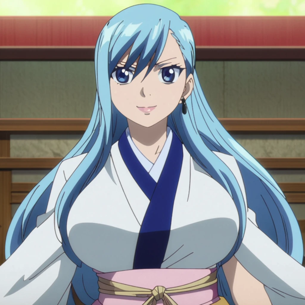 1girl, female, anime screen cap, erza from fairy tail, fairy tail anime artstyle , solo, long_hair, ((blue universal eyes)) ((Silver_hair)), sunny, upper_body, smile, lips, (long hair) ((wearing Japanese cloths)) breast, "very detailed and high resolution"  ((solo)) (((front view))) (earings) ((high resolution)) ((good quality)) ((silky hair))  