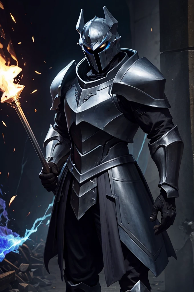 Knight, man, no girls, dark armor imbued with blue flames, holding a mass ornamented with lightning