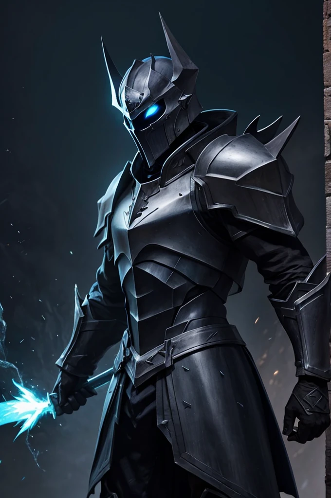 Knight, man, no girls, dark armor imbued with blue flames, holding a mass ornamented with lightning