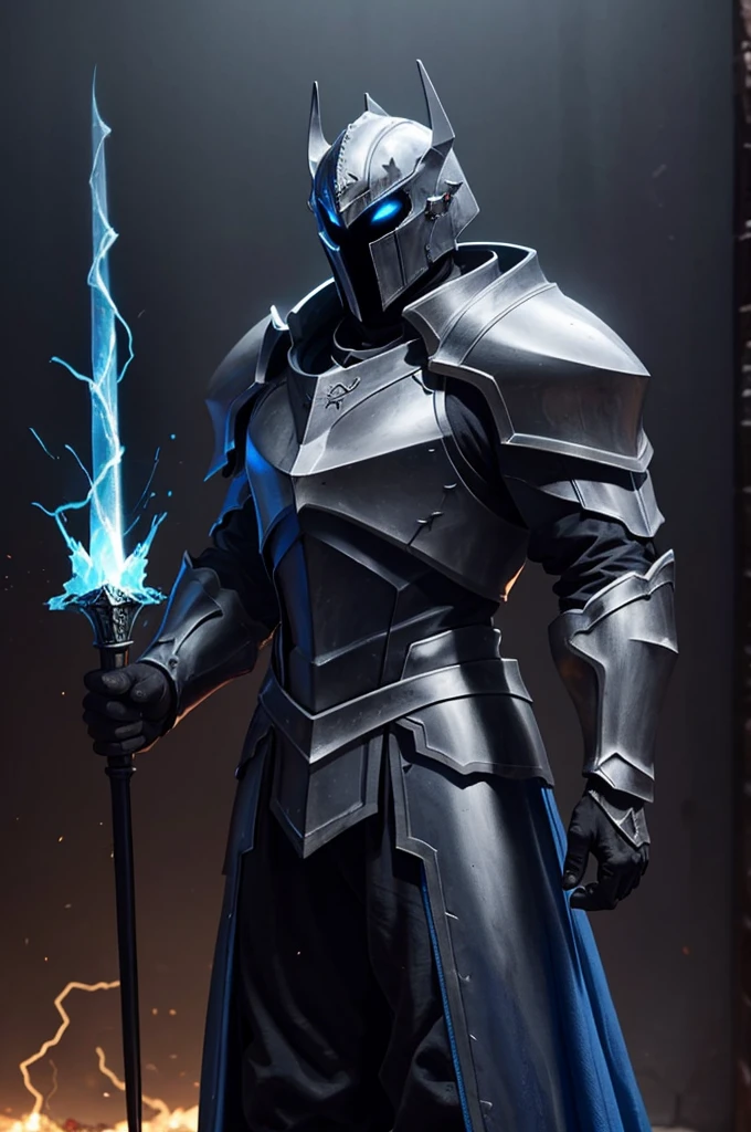 Knight, man, no girls, dark armor imbued with blue flames, holding a mass ornamented with lightning